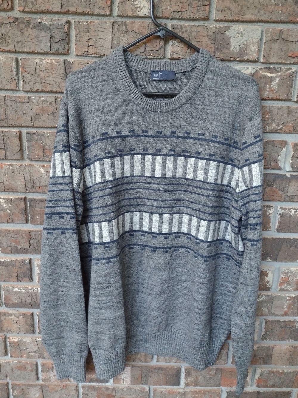 GAP Crewneck Pullover Sweater Mens XL Gray GEO Pattern Cotton Blend Preppy City